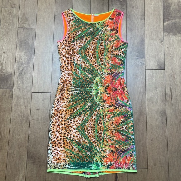 Elie Tahari tropical print Claudia dress size 8 leopard print eyelet neon - Picture 6 of 14